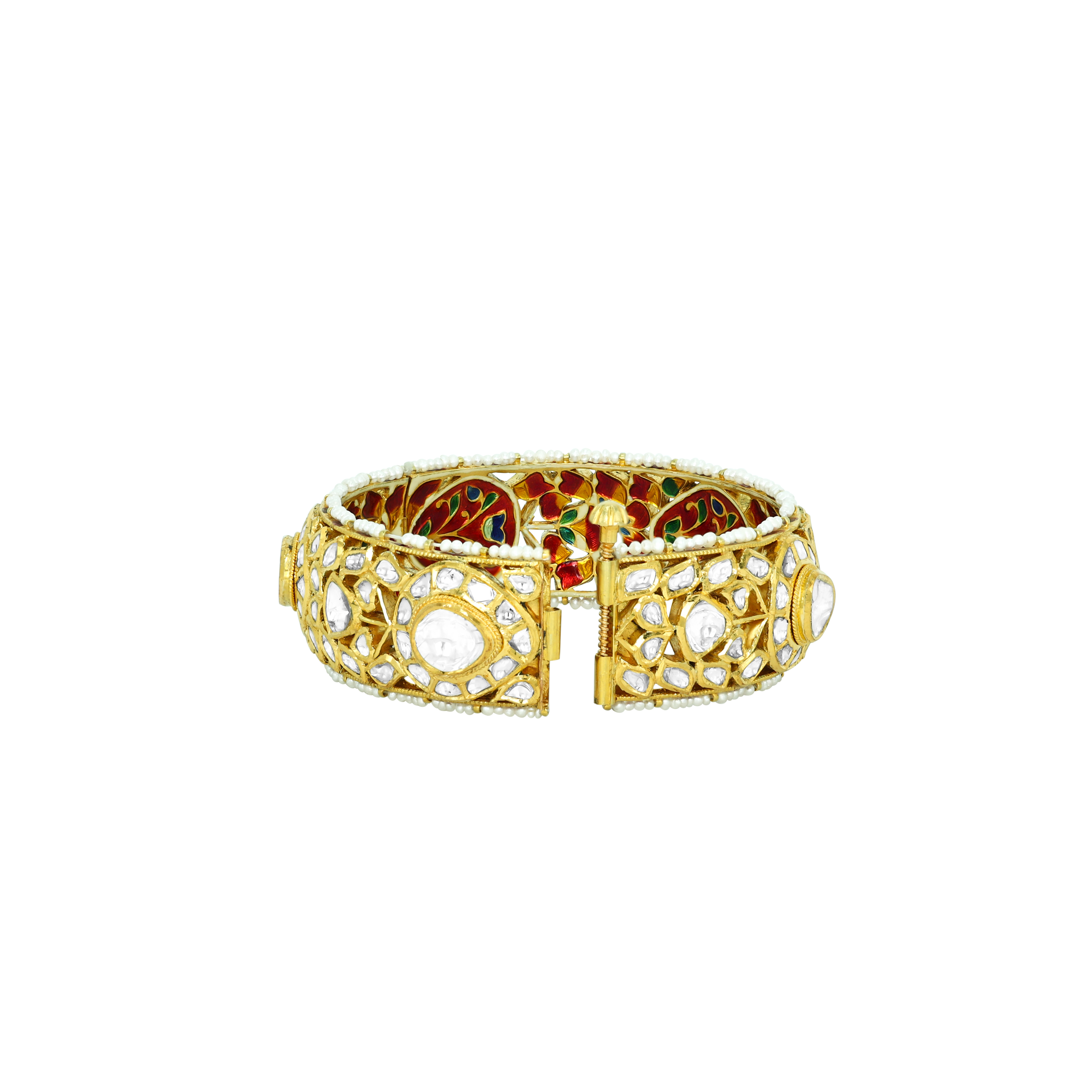 Lattice Polki Bangle with Red-Green Enamel and Pearls